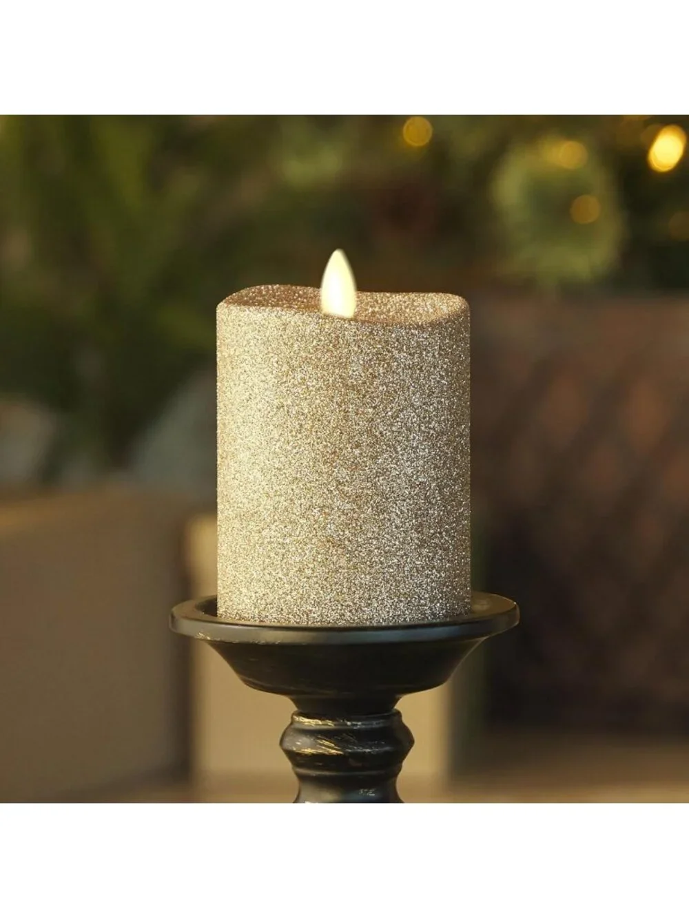 Realistic LED Moving Flame Pillar Candle - Gold Glitter, Battery Operated